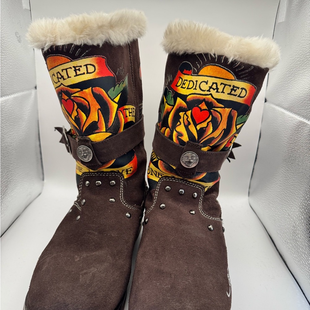 Ed Hardy Brown Winter Boots with Yellow and Red Design